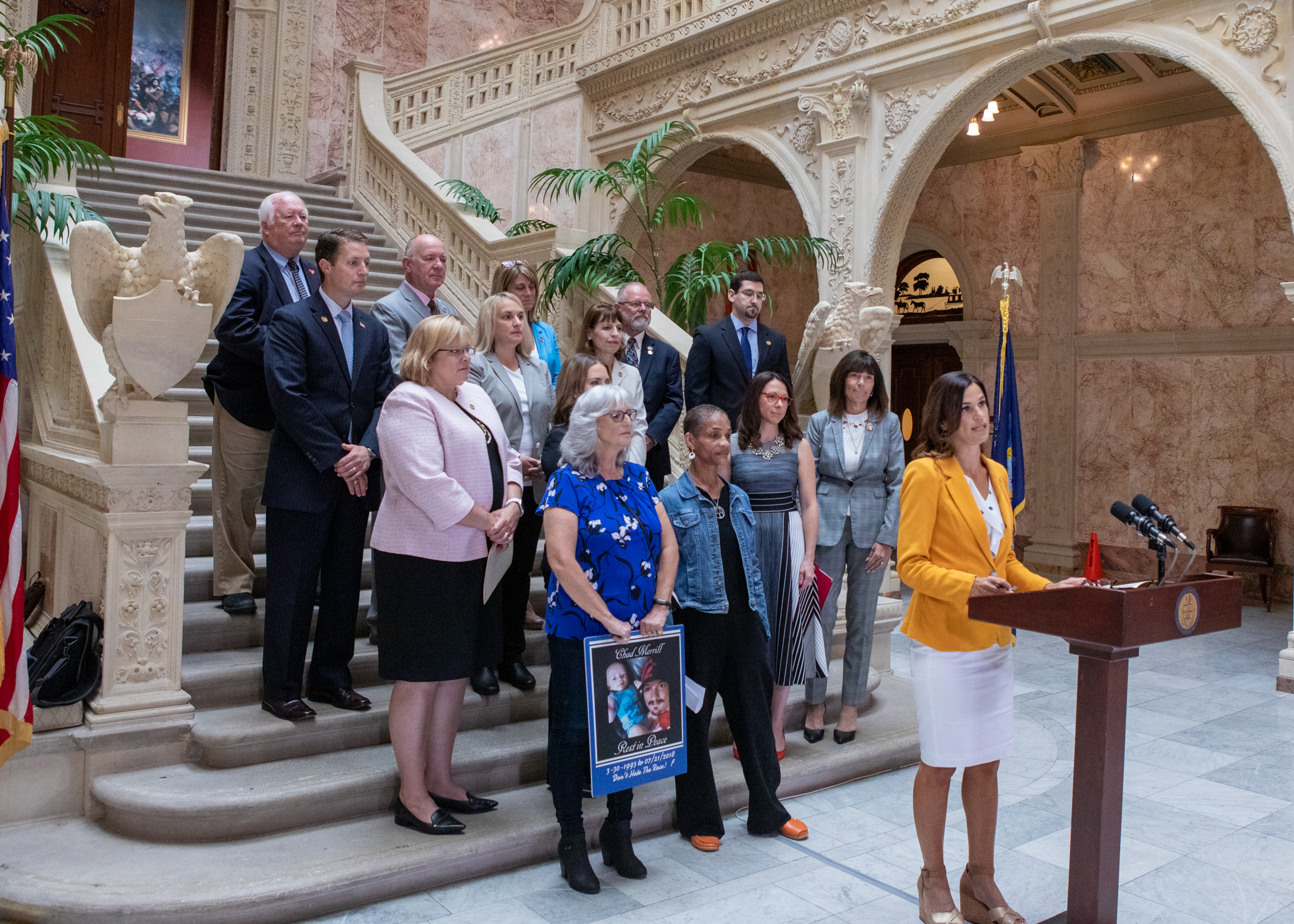 Pictured speaking is Rep. Natalie Mihalek with members of the House Republican Caucus and survivors of crime victims Pearl Wise and Jody Coleman.